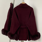 OFTBUY 100% Wool Wrap Belted Short Coat - Wide Shawl Lapel Real Fox Fur Cuff Luxury Double Sided Wool Jacket