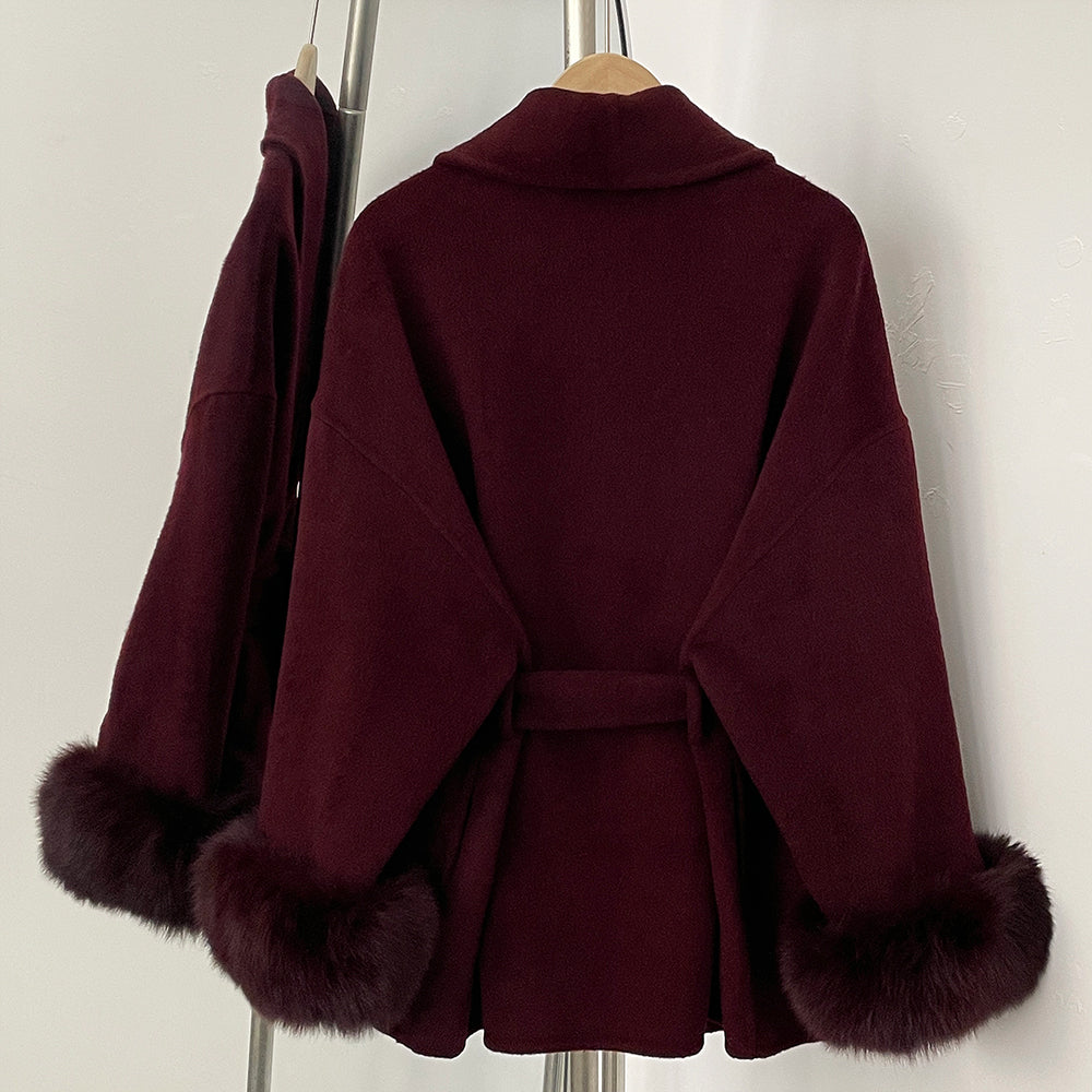 OFTBUY 100% Wool Wrap Belted Short Coat - Wide Shawl Lapel Real Fox Fur Cuff Luxury Double Sided Wool Jacket