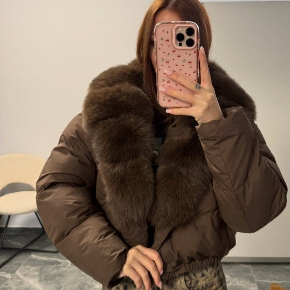 OFTBUY Luxury Cropped Puffer Jacket with Massive Real Fox Fur Collar - Premium 90% Duck Down Winter Coat