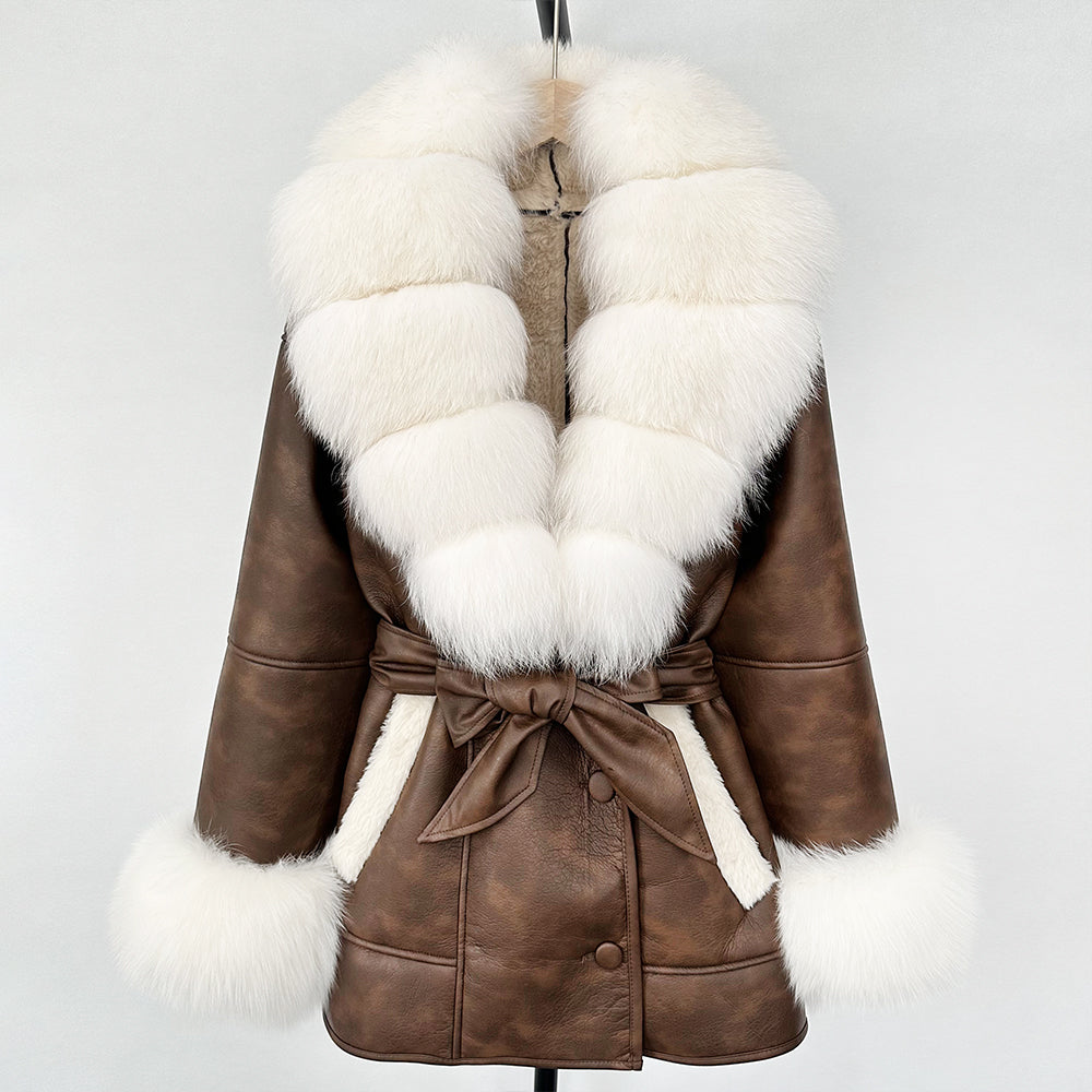 OFTBUY Large Natural Fox Fur Women Faux Leather Jacket Autumn Winter Fashion Ladies Warm Retor Faux Lamb Fur Coat Outwear