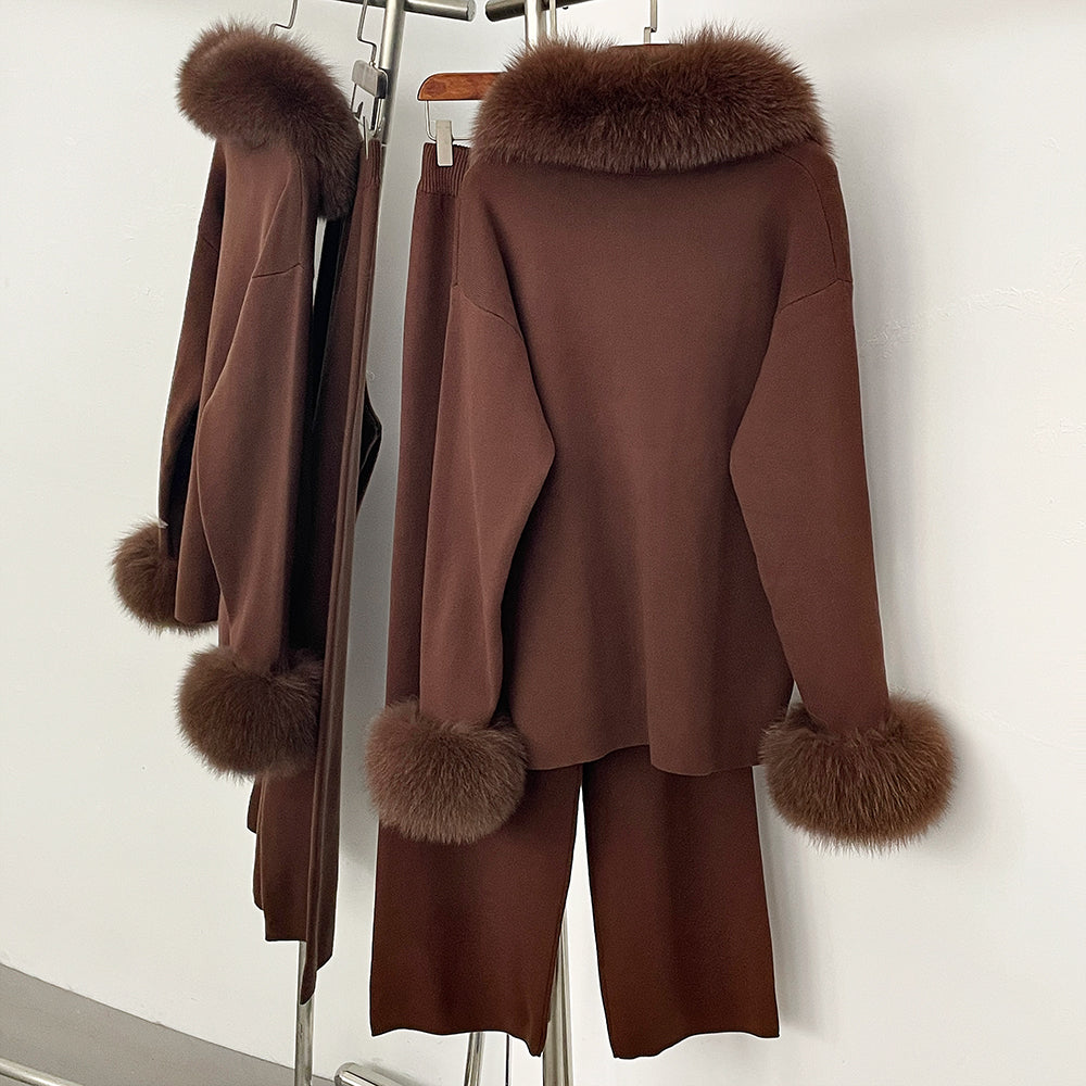 OFTBUY New Autumn Winter Clothing Women Fashion Real Fox Fur Collar Sweater Suit Female Raccoon Fur Pullovers Trousers Set Lady