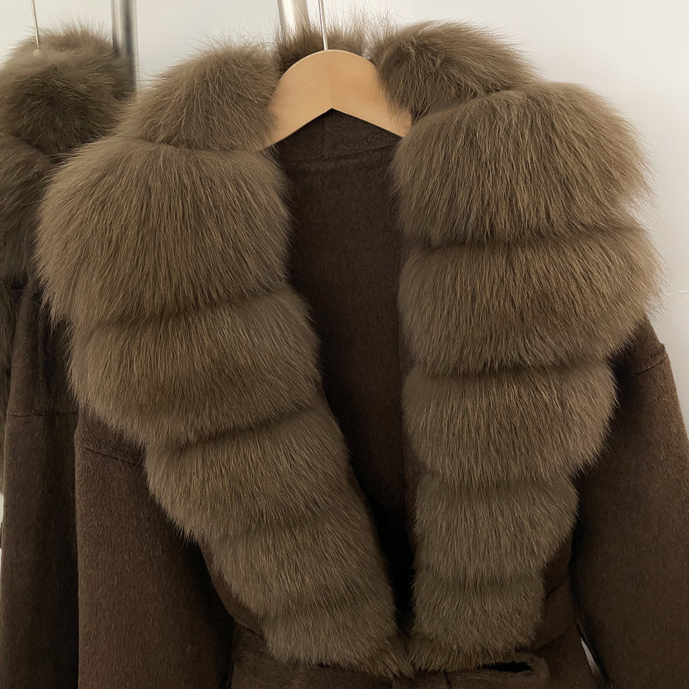 OFTBUY Big Natural Fox Fur Pinnacle 100% Wool Coat Female New Autumn Winter Clothes Women Belt Natural Fur Collar Woolen Jacket