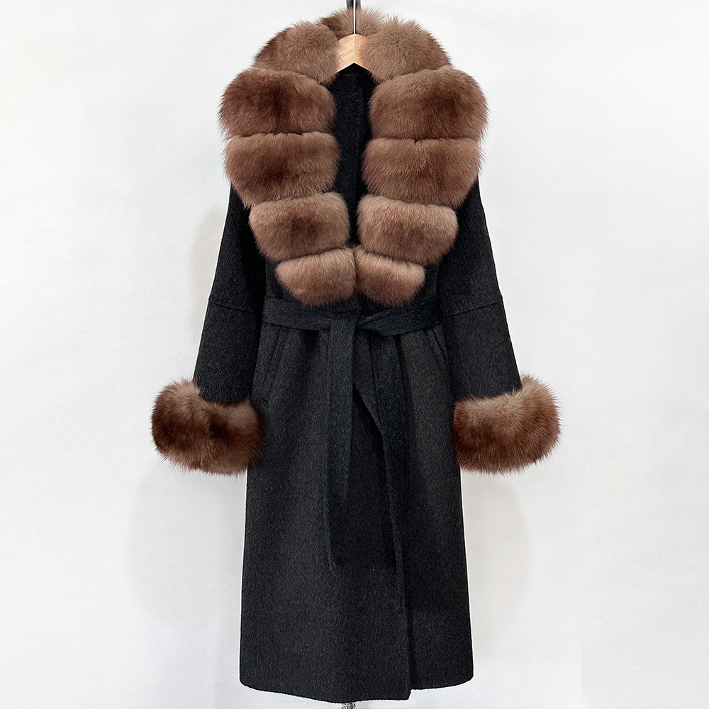 OFTBUY New Women's Double-Faced Wool Coat with Large Real Fox Fur Belted Warm Winter Luxury Fashion Outerwear Woolen Jacket Lady