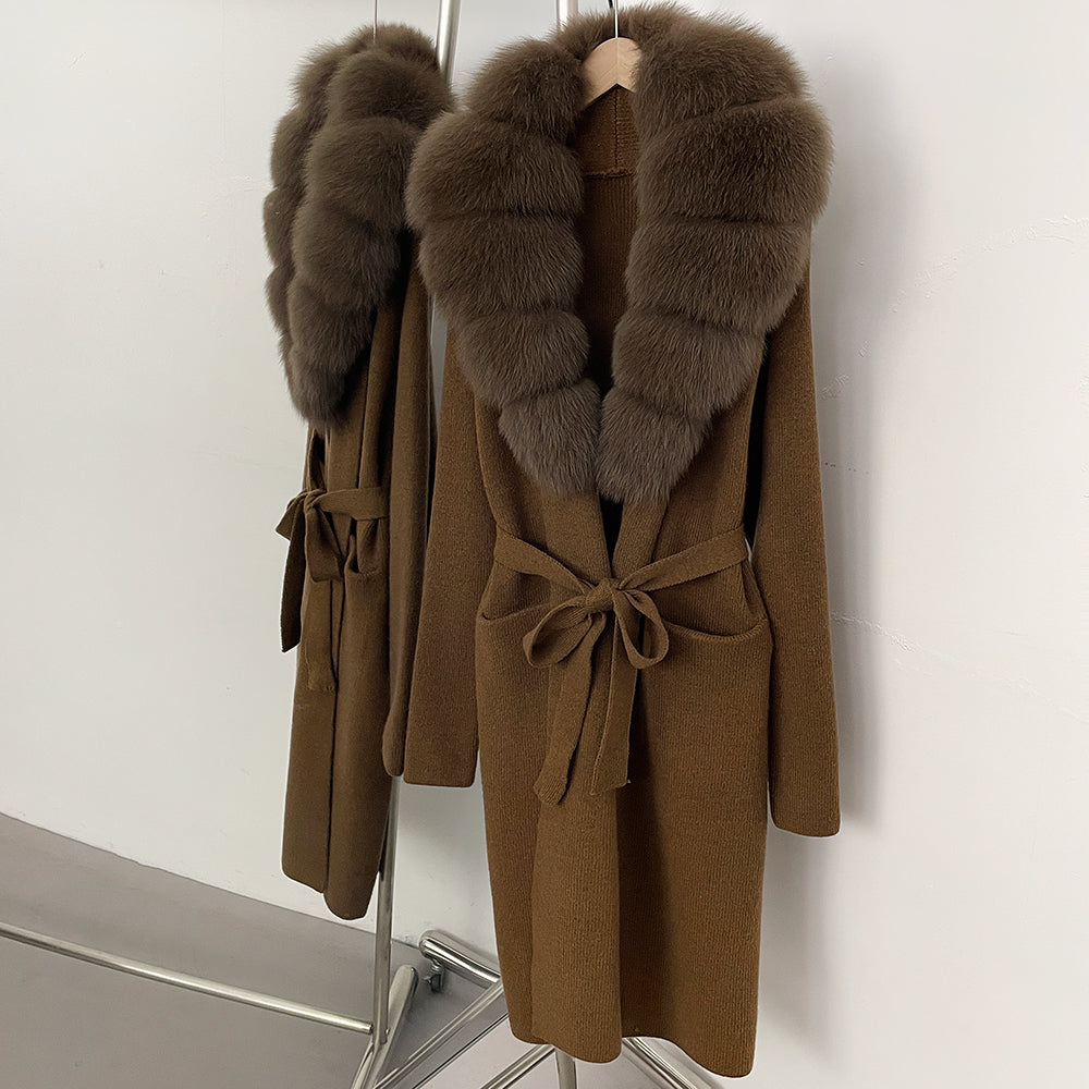 OFTBUY Women's Luxury Brown Knit Cardigan with Real Fox Fur Collar Belted Sweater Coat Female New Fashion Warm Winter Outerwear