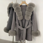 OFTBUY Real Fox Fur Wool Coat Hooded Natural Fur Collar and Cuffs New Autumn Winter Clothes Women Cashmere Woolen Jacket Lady
