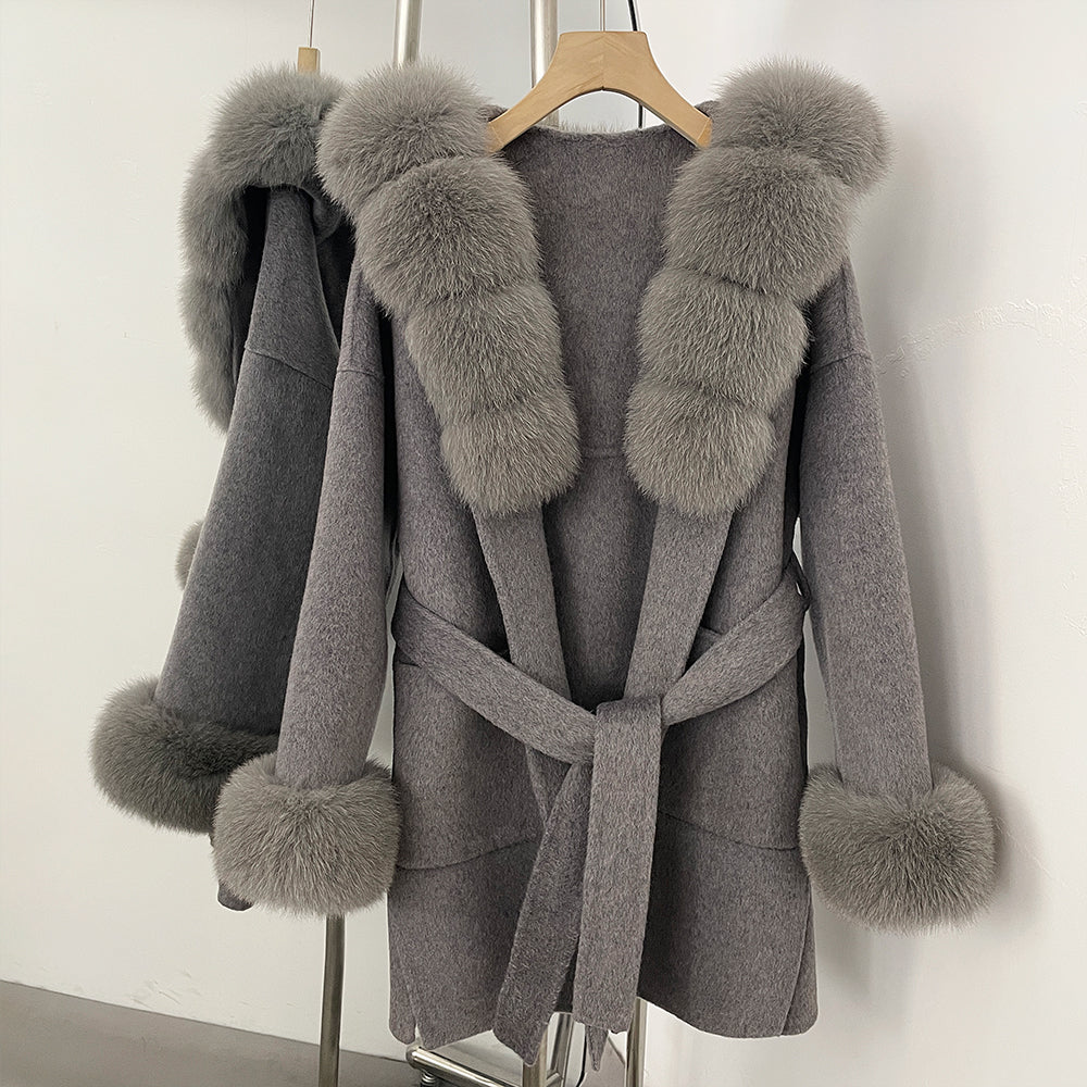 OFTBUY Real Fox Fur Wool Coat Hooded Natural Fur Collar and Cuffs New Autumn Winter Clothes Women Cashmere Woolen Jacket Lady