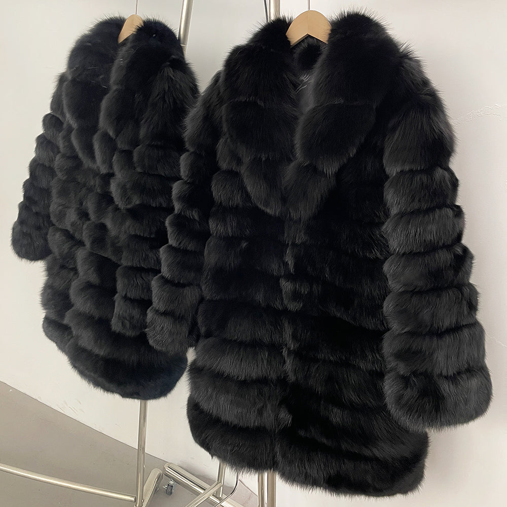 OFTBUY Luxury 100% Real Fox Fur Coat - Mid-Length Winter Tiered Fur Jacket for Women