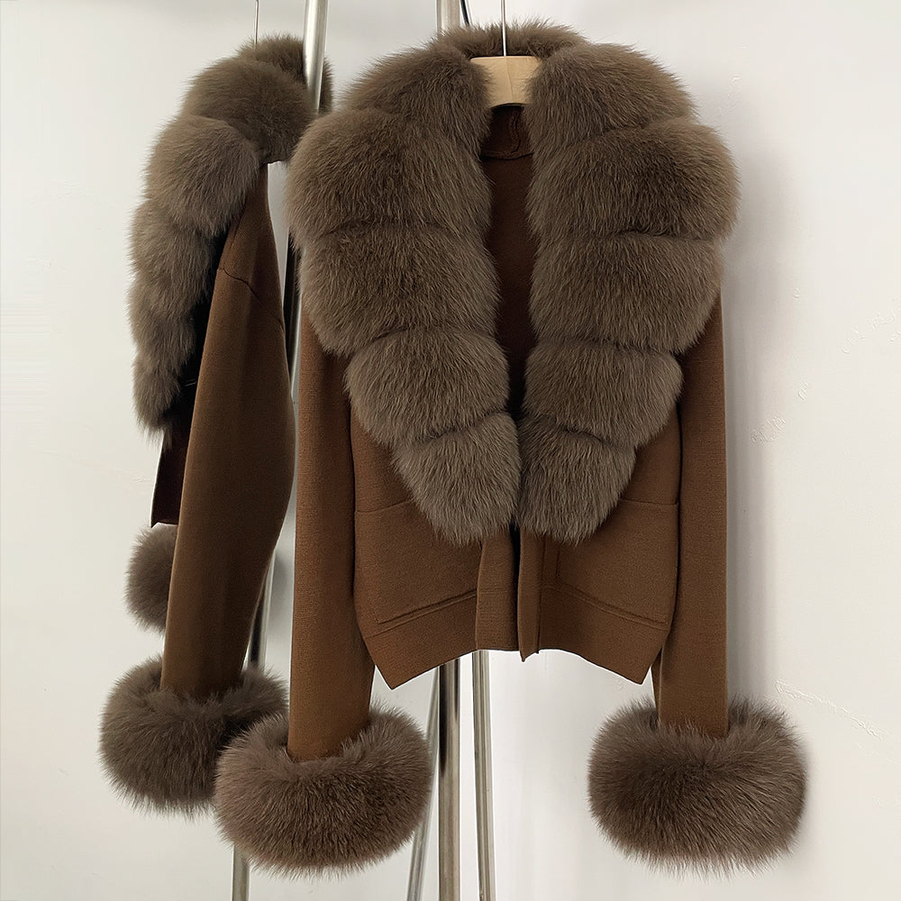 OFTBUY Loose Fit Warm Winter Fashion Lady Outerwear Sweater Female New Women's Knit Cardigan with Large Real Fox Fur Collar