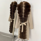 OFTBUY 2025 New Women's Knit Coat with Full Real Fox Fur Trim Belted Warm Winter Elegant Fashion Outerwear Female Long Sweater
