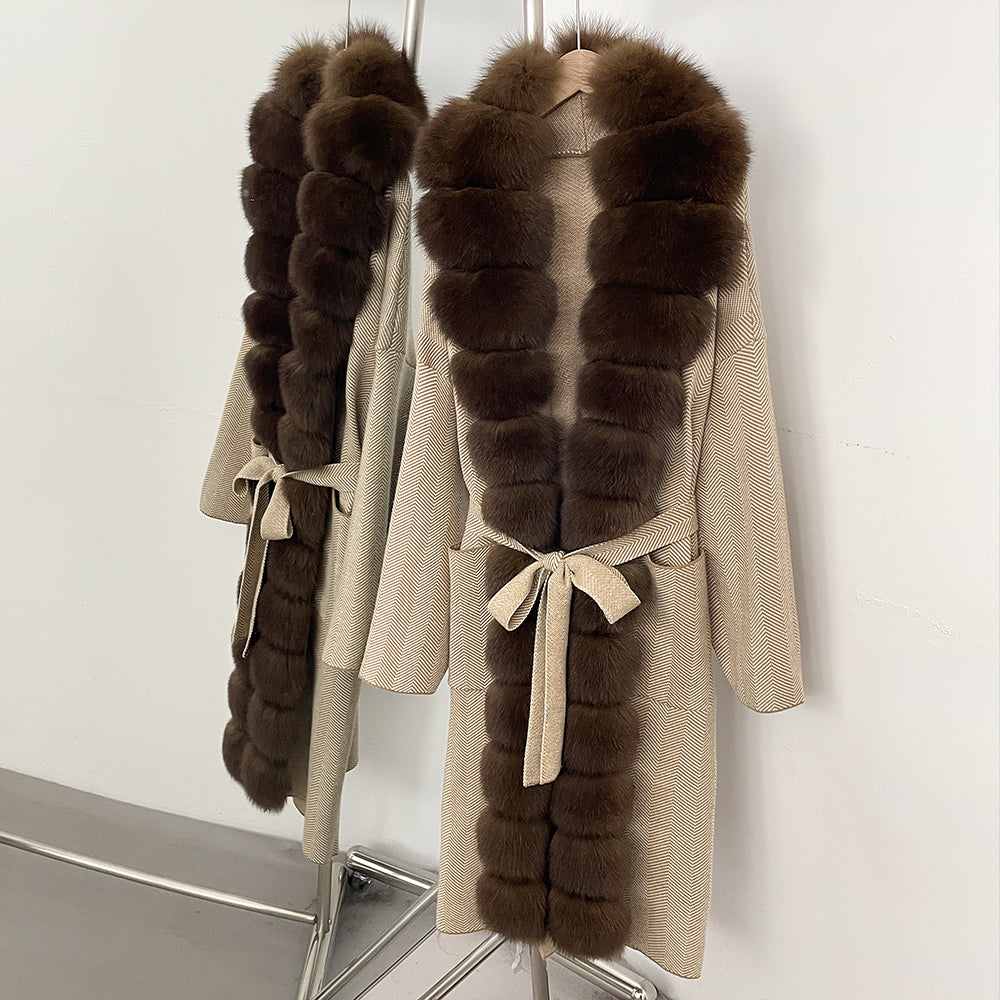 OFTBUY 2025 New Women's Knit Coat with Full Real Fox Fur Trim Belted Warm Winter Elegant Fashion Outerwear Female Long Sweater