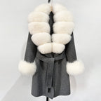 OFTBUY New Autumn Winter Top Clothes Women Belt Natural Fur Wool Coat Female Fashion Warm Woolen Jacket with Real Fox Fur Collar