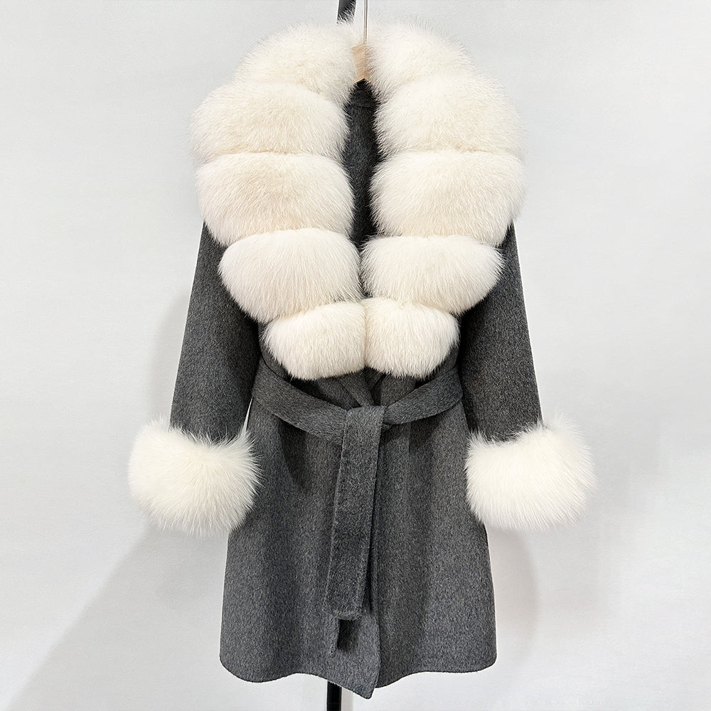 OFTBUY New Autumn Winter Top Clothes Women Belt Natural Fur Wool Coat Female Fashion Warm Woolen Jacket with Real Fox Fur Collar