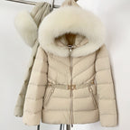 OFTBUY Belt Slim Hooded Real Fox Fur Collar Jacket Female New Winter Top Clothing Women Thickened Warm Raccoon Fur Fluffy Coat
