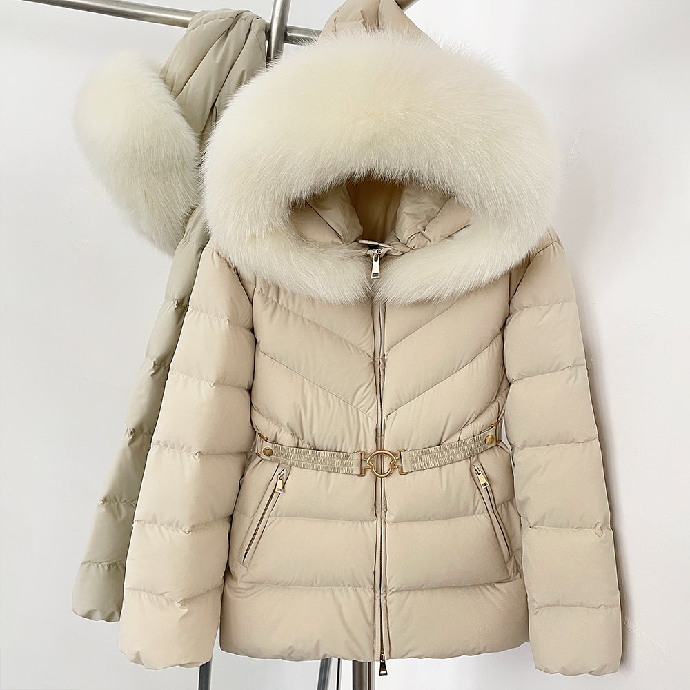 OFTBUY Belt Slim Hooded Real Fox Fur Collar Jacket Female New Winter Top Clothing Women Thickened Warm Raccoon Fur Fluffy Coat