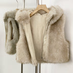 OFTBUY New Women's Faux Fur Hooded Sleeveless Vest Coat Zipper Soft Fluffy Warm Winter Fashion Outerwear Fake Fur Jacket Female