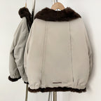 OFTBUY Reversible Real Rabbit Fur Lined Short Bomber Jacket - Oversized Wide Genuine Fox Fur Collar Windproof Outer Shell Winter Coat