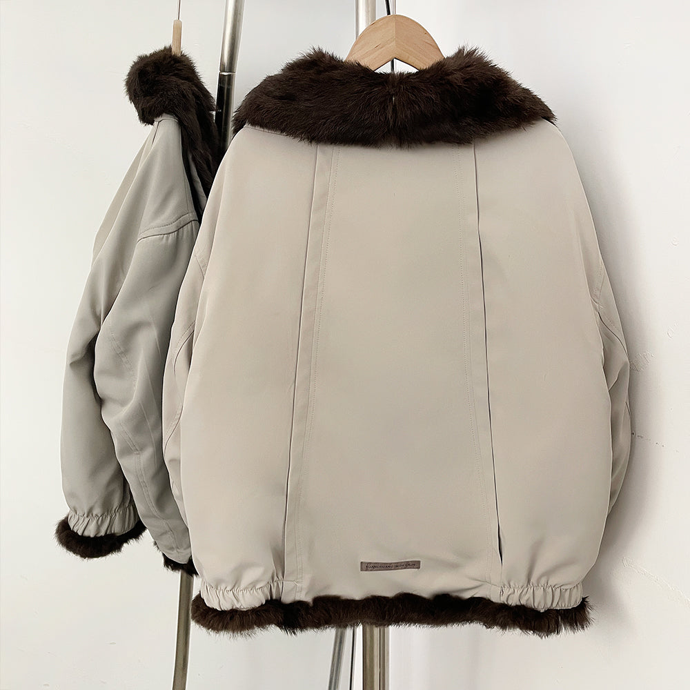 OFTBUY Reversible Real Rabbit Fur Lined Short Bomber Jacket - Oversized Wide Genuine Fox Fur Collar Windproof Outer Shell Winter Coat