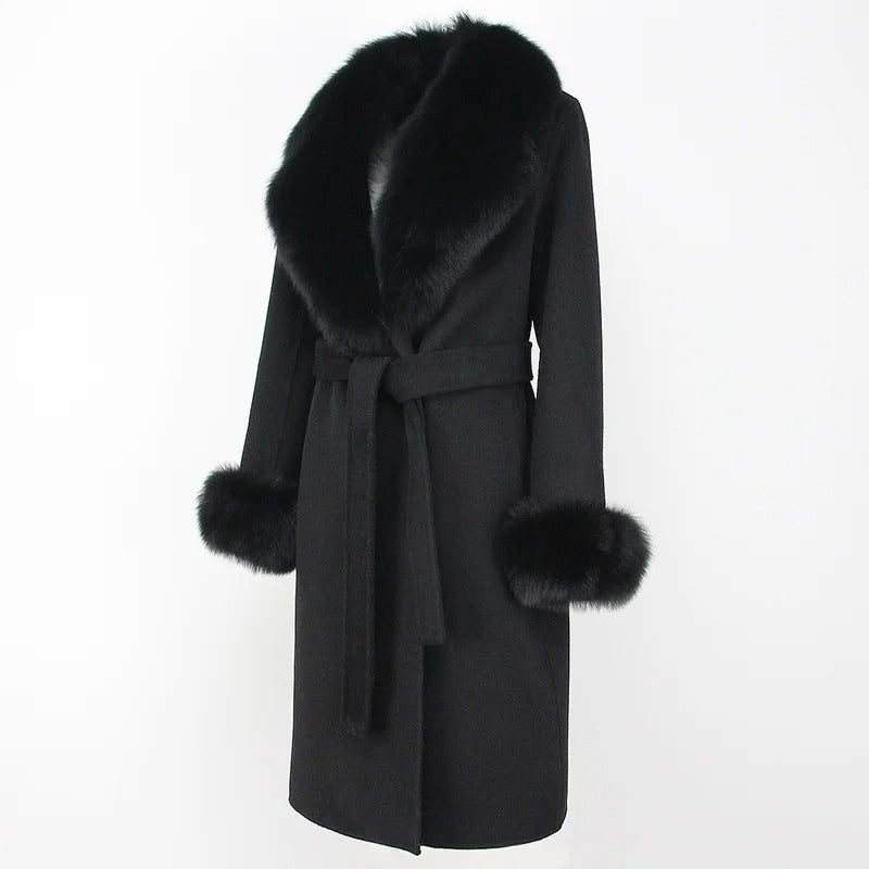OFTBUY Winter Jacket Women Long Natural Wool Blends Cashmere Real Fur Coat Double Breasted Belt Warm Streetwear New Fashion