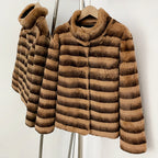 Side hanging full view of warm brown striped genuine rabbit fur stand collar jacket