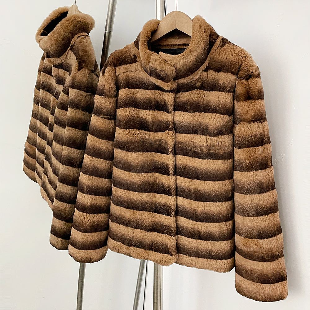 Side hanging full view of warm brown striped genuine rabbit fur stand collar jacket