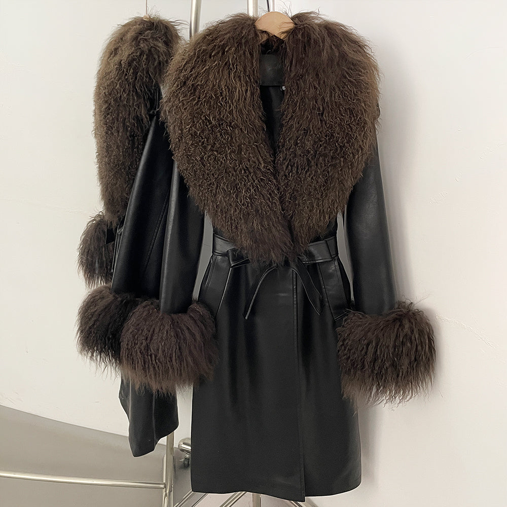 OFTBUY New Autumn Winter Clothes Women Luxury Real Mongolia Sheep Fur Jacket Femlae Long Vintage Faux Leather Streetwear Coat