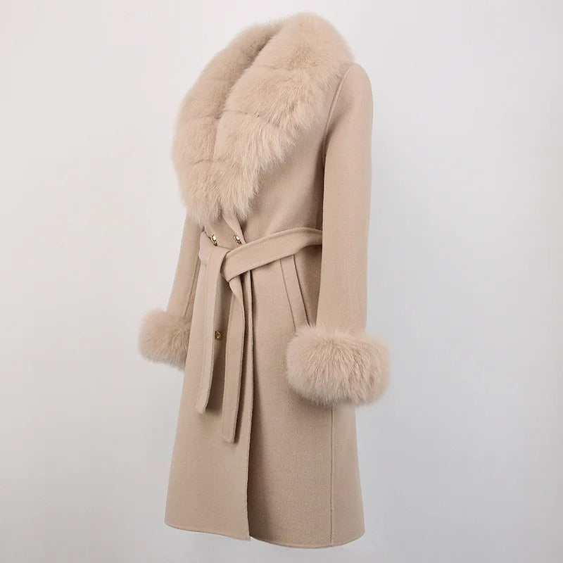OFTBUY Winter Jacket Women Long Natural Wool Blends Cashmere Real Fur Coat Double Breasted Belt Warm Streetwear New Fashion