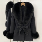 OFTBUY New Women's Double-Faced Wool Coat with Large Real Fox Fur Collar Cuffs Belted Warm Winter Elegant Fashion Outerwear Lady