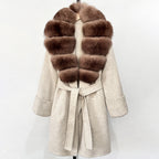 OFTBUY Natural Real Fox Fur Wool Blends Coat Women New Belt Pocket Winter Jacket Female Loose Woolen Outerwear Streetwear