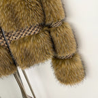 OFTBUY Luxury Wool Blend Tweed & Vegan Fur Panelled Jacket - Chic Cropped Zip-Up Coat with Funnel Neck