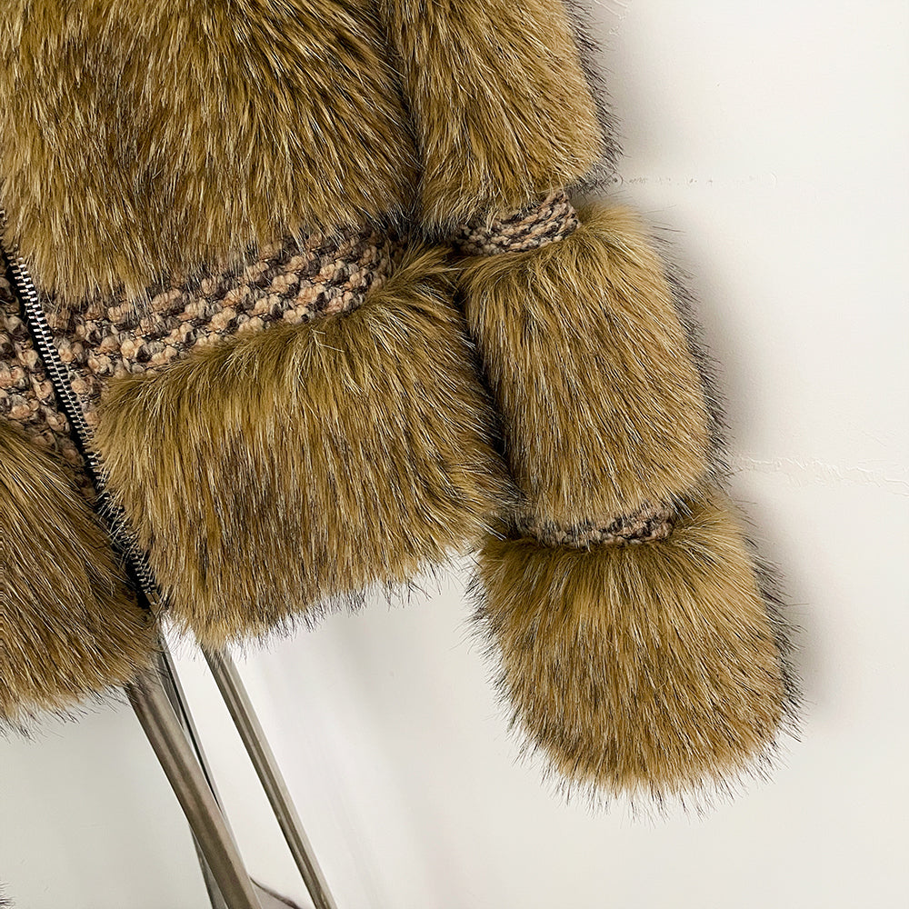 OFTBUY Luxury Wool Blend Tweed & Vegan Fur Panelled Jacket - Chic Cropped Zip-Up Coat with Funnel Neck