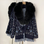 OFTBUY New Luxury Clothes Winter Outerwear Lady Women's Paisley Knit Cardigan with Real Fox Fur Trim Belted Sweater Coat Female