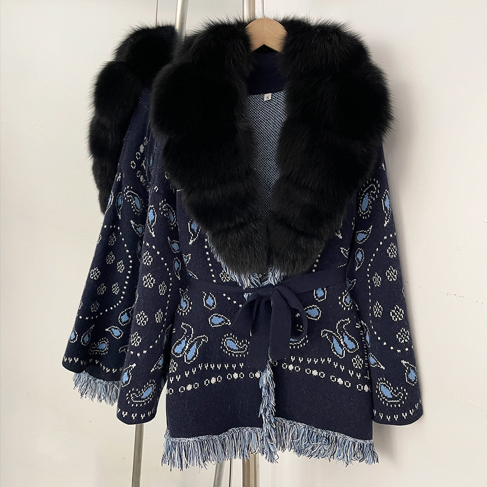 OFTBUY New Luxury Clothes Winter Outerwear Lady Women's Paisley Knit Cardigan with Real Fox Fur Trim Belted Sweater Coat Female