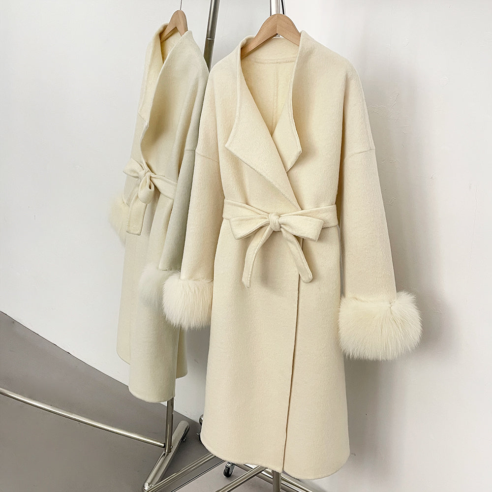 OFTBUY Real Fox Fur Cuffs Cashmere Woolen Jacket Long 100% Wool Coat Female New Autumn Winter Warm Natural Fur Clothes Women