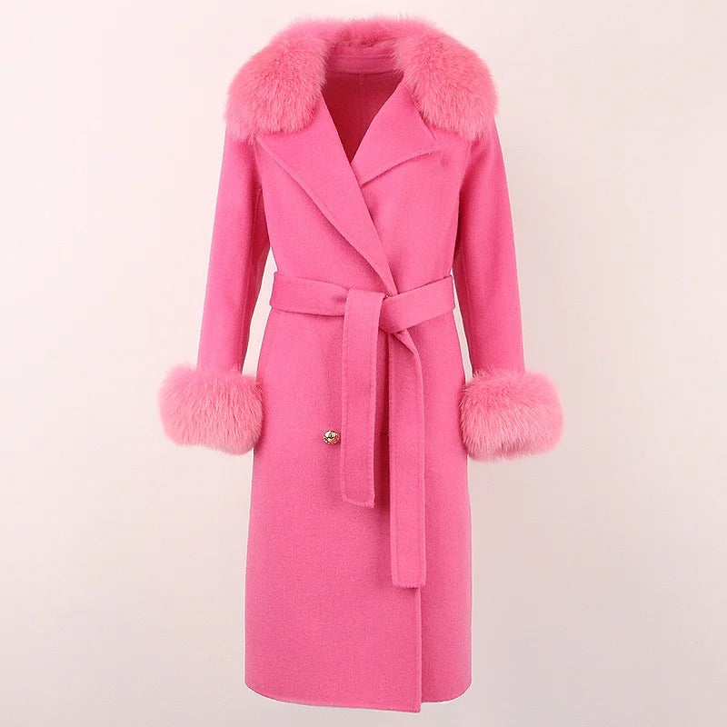 OFTBUY Winter Jacket Women Long Natural Wool Blends Cashmere Real Fur Coat Double Breasted Belt Warm Streetwear New Fashion