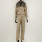OFTBUY Winter New Women's Knitted Tracksuit Set with Fox Fur Collar Zipper Jacket Wide Leg Pants Luxury Casual Two-Piece Outfit