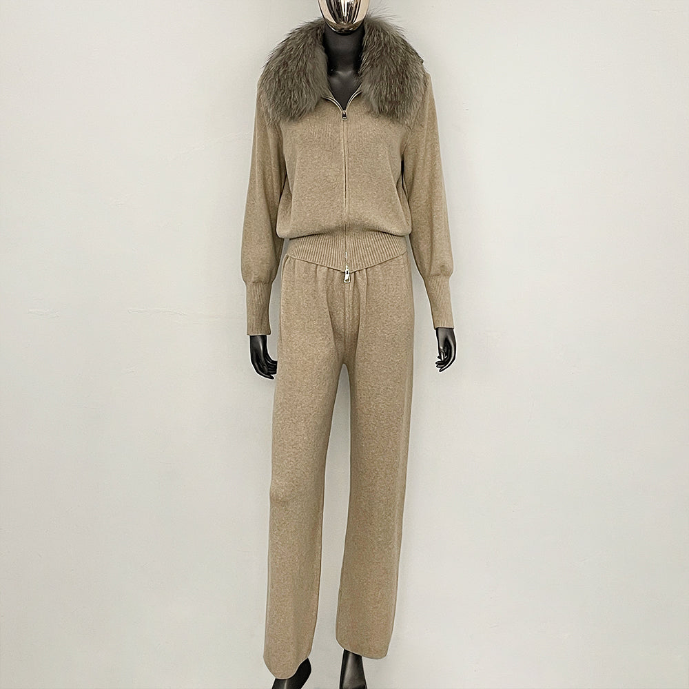 OFTBUY Winter New Women's Knitted Tracksuit Set with Fox Fur Collar Zipper Jacket Wide Leg Pants Luxury Casual Two-Piece Outfit