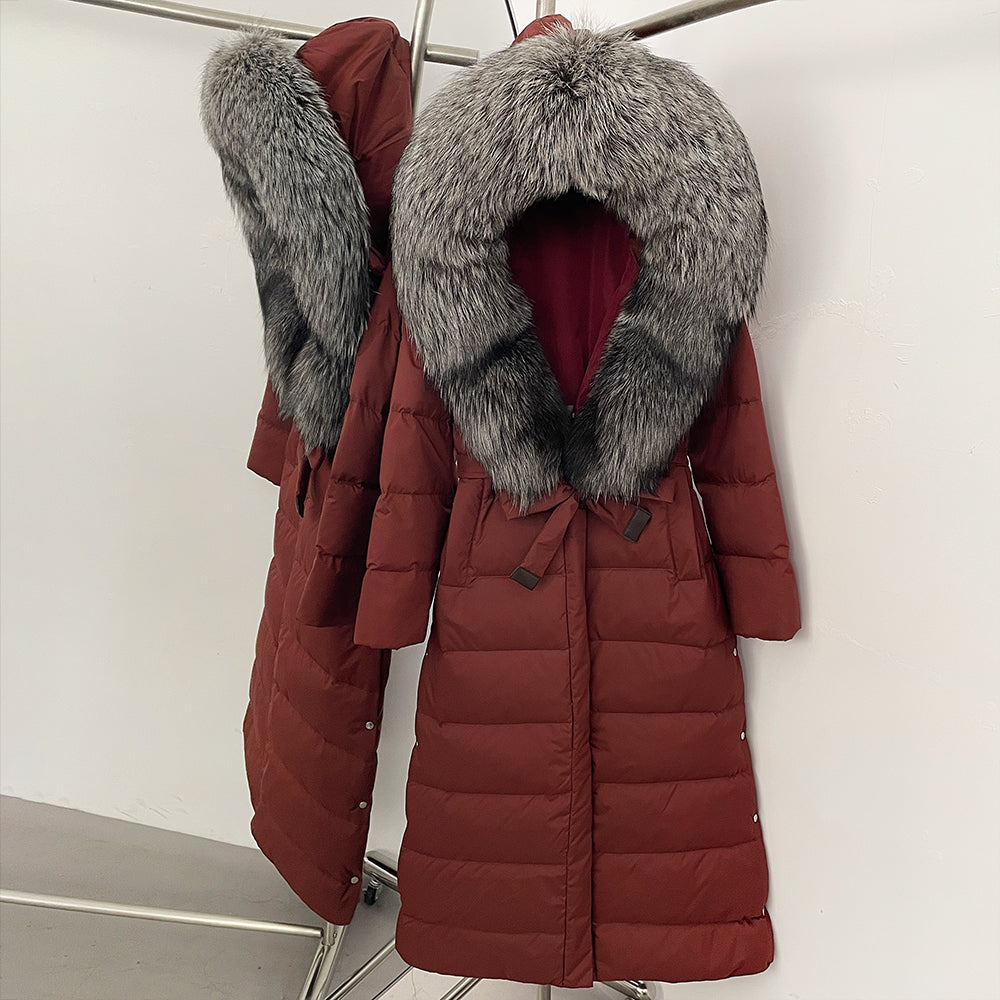 OFTBUY Hooded Winter White Duck Down Coat Large Real Fox Fur Collar X-Long Puffer Jacket Women Thick Female Parkas With Belt