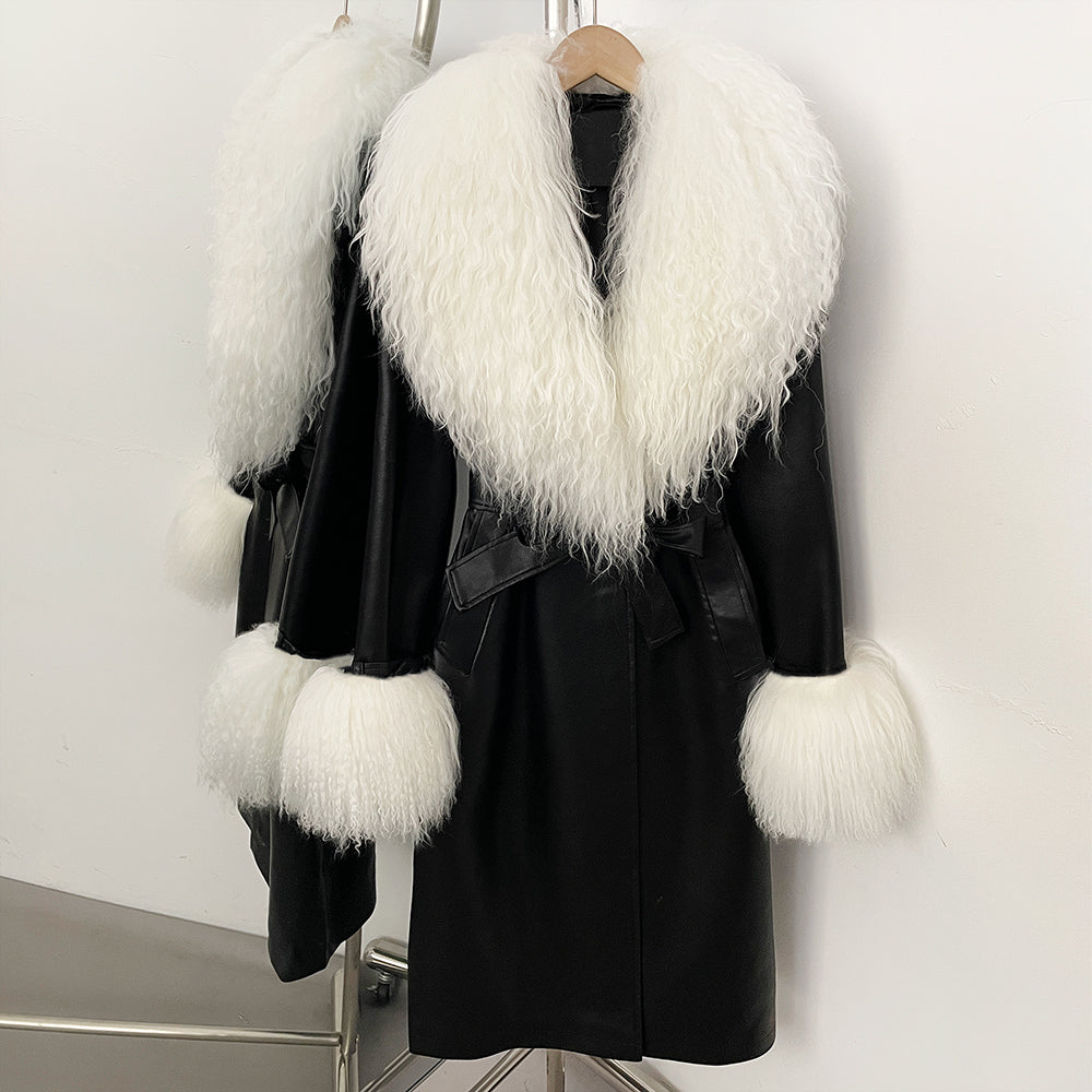 OFTBUY New Autumn Winter Clothes Women Luxury Real Mongolia Sheep Fur Jacket Femlae Long Vintage Faux Leather Streetwear Coat