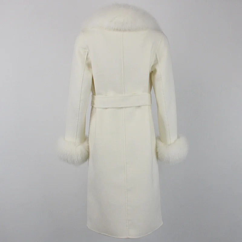 OFTBUY Winter Jacket Women Long Natural Wool Blends Cashmere Real Fur Coat Double Breasted Belt Warm Streetwear New Fashion