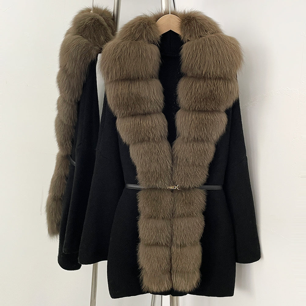 OFTBUY Metal Belt Knit Warm Winter Luxury Fashion Outerwear Sweater Cardigan New Women's Knit Coat with Full Real Fox Fur Front