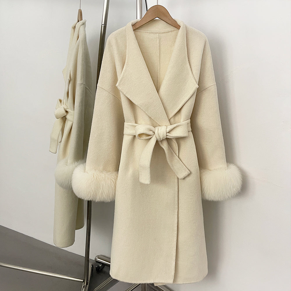 OFTBUY New Autumn Winter Belt Top Clothes Women Long Elegant Double-sided Woolen Coat Femlae Real Fox Fur Cuffs 100% Wool Coat