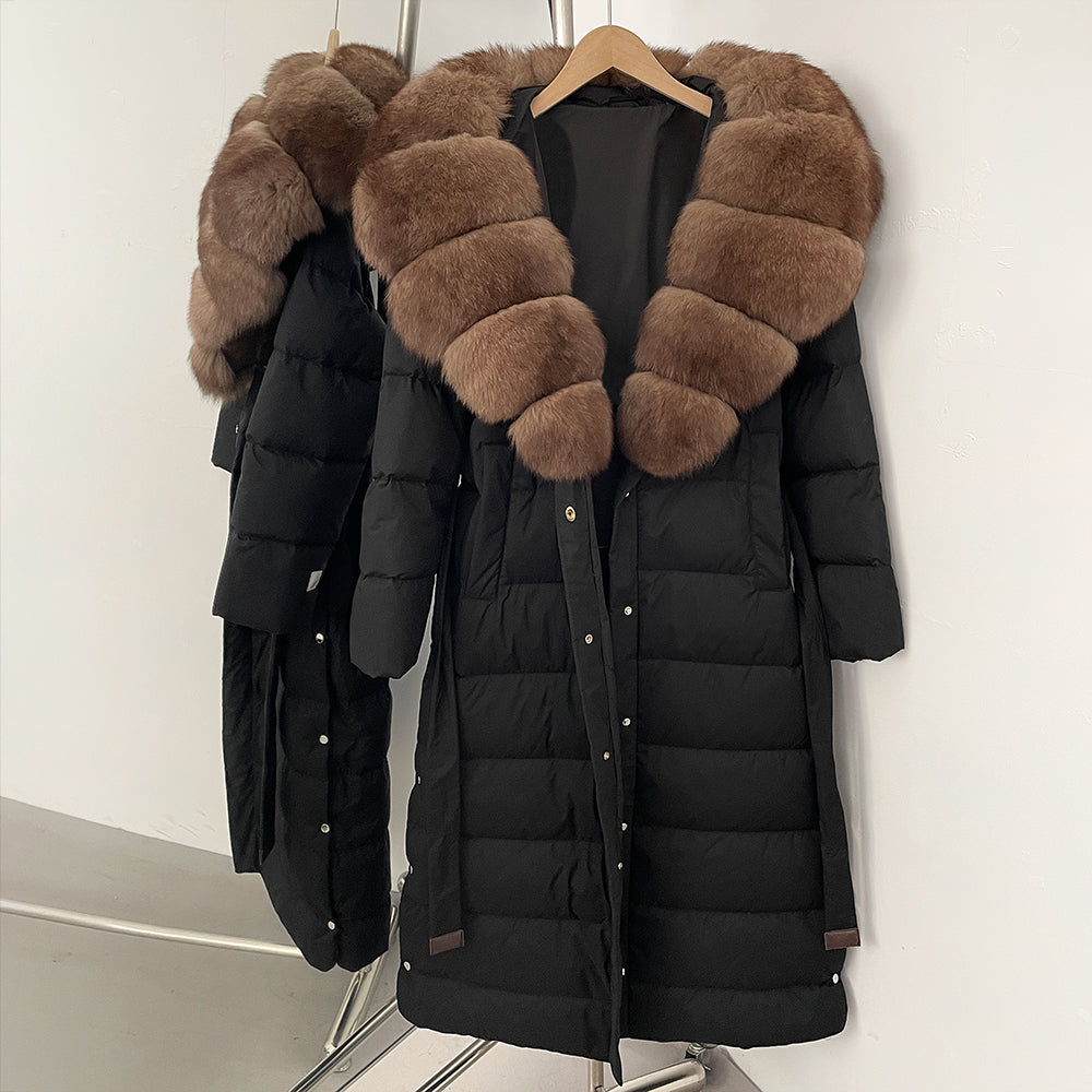 OFTBUY Hooded Winter White Duck Down Coat Large Real Fox Fur Collar X-Long Puffer Jacket Women Thick Female Parkas With Belt