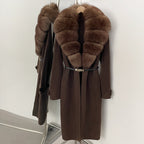 OFTBUY Warm Winter Elegant Fashion knit Outerwear female New Women's Knit Long Coat with Large Real Fox Fur Collar Belted Waist