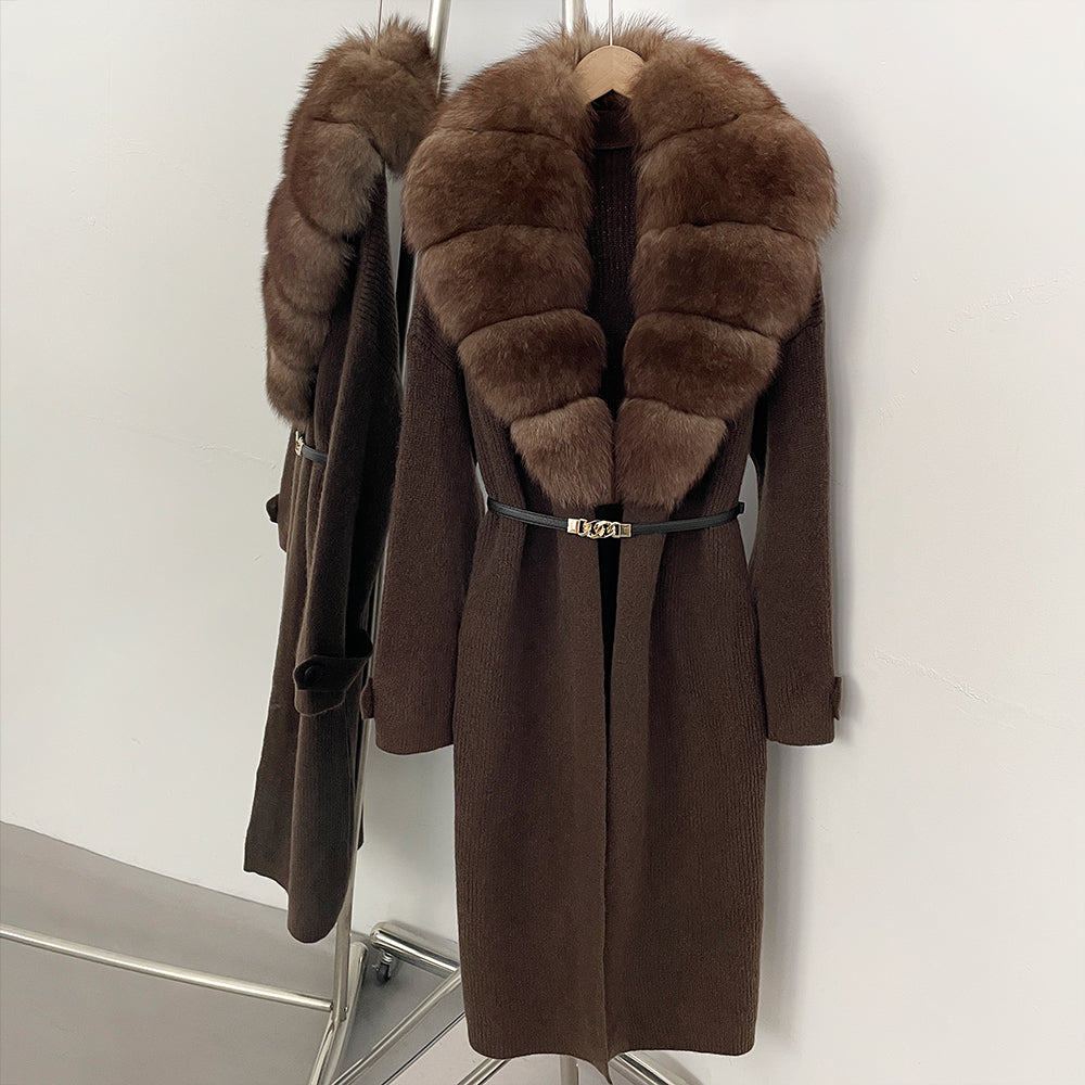 OFTBUY Warm Winter Elegant Fashion knit Outerwear female New Women's Knit Long Coat with Large Real Fox Fur Collar Belted Waist