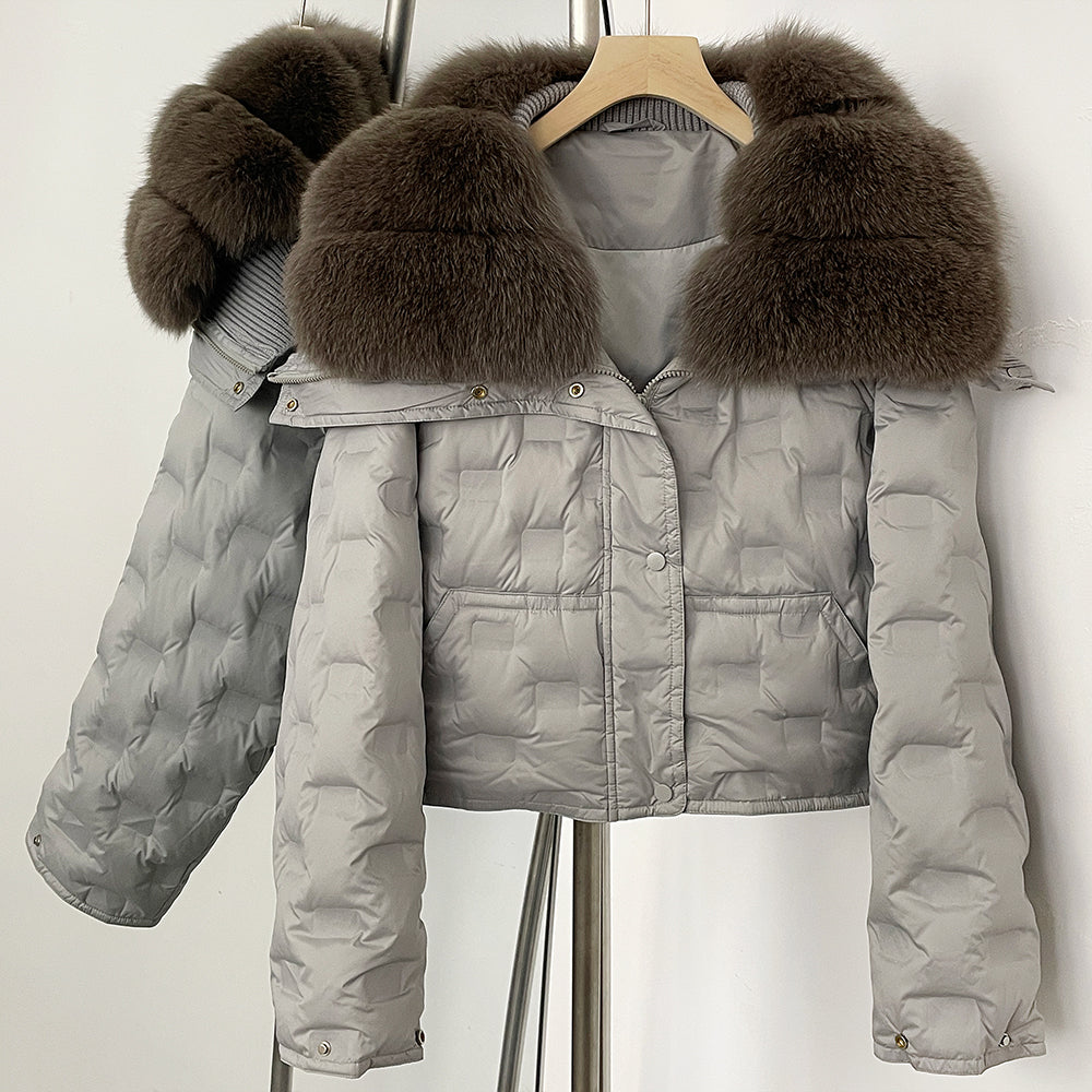 OFTBUY Thickened Warm Fluffy Real Fox Fur Puffer Jacket Women Short Long Sleeve White Duck Down Coat Female New Winter Clothing