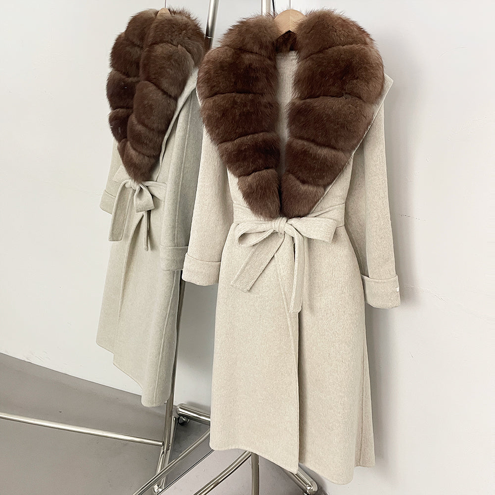 OFTBUY Belted Elegant Warm Outerwear Coat Female Women's Luxury Double-Faced Wool Jacket Winter Oversized Real Fox Fur Collar