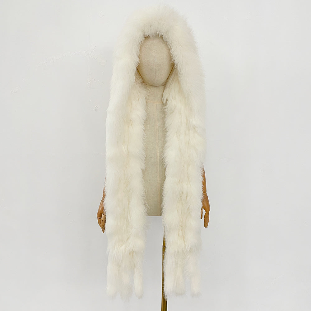 OFTBUY Hot Sales Fashion Fluffy White Natural Fox Fur Hat with Scarf Women Winter Female Thickened Warm Long Real Fur Cap Child