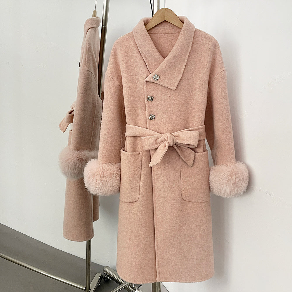 OFTBUY New Autumn Winter Top Clothes Women Fashion Warm Long Belt Wool Coat Female Natural Fox Fur Cashmere Woolen Jacket