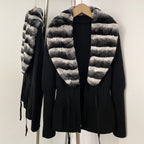OFTBUY Drawstring Waist Slim Fit Jacket Warm Winter Outerwear New Women's 100% Cotton Knit Cardigan with Striped Rex Rabbit Fur