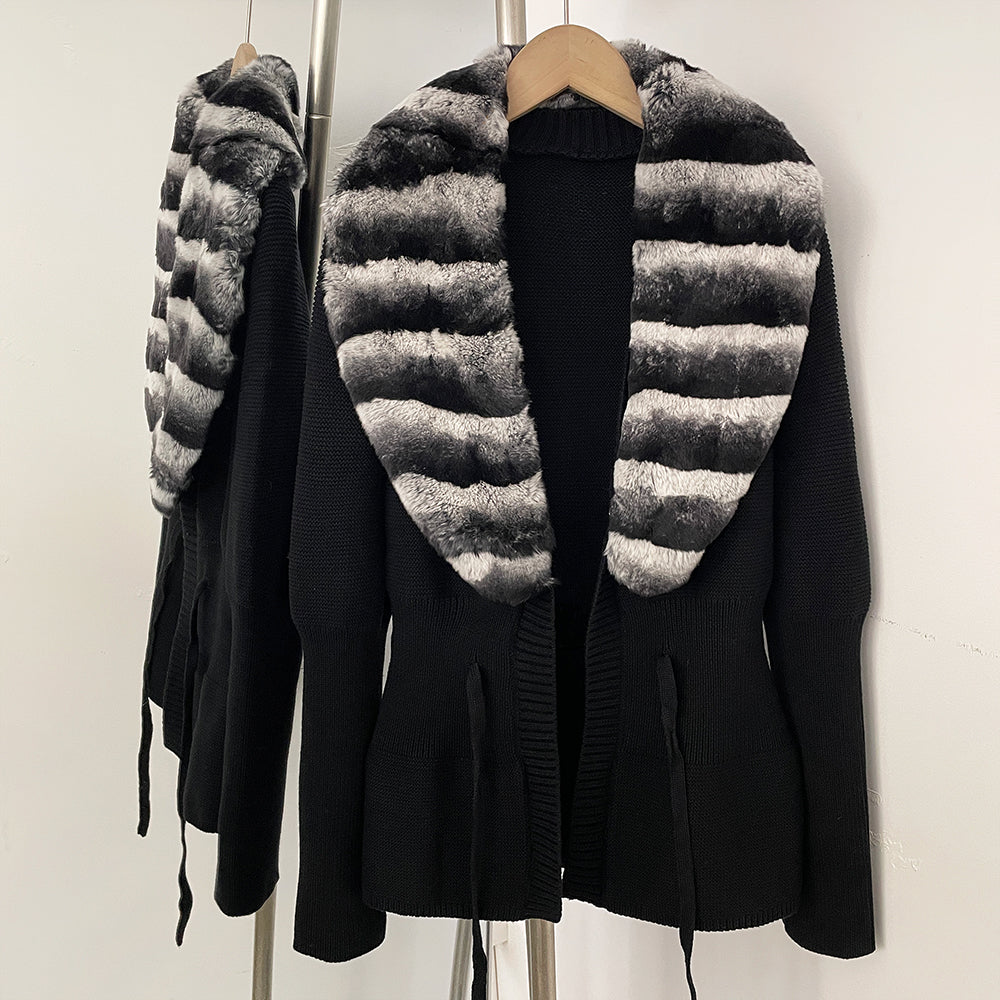 OFTBUY Drawstring Waist Slim Fit Jacket Warm Winter Outerwear New Women's 100% Cotton Knit Cardigan with Striped Rex Rabbit Fur